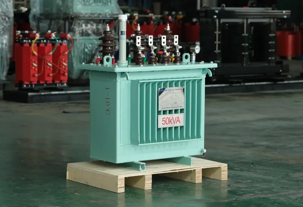 A newly completed 50kVA oil immersed transformer manufactured by Baitong Electric, featuring a green corrugated cooling tank and ceramic bushings, ready for shipping.
