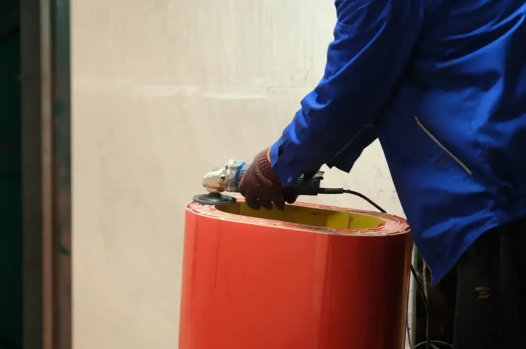 A skilled worker in a blue uniform polishing the edge of a newly cast red dry type transformer coil to ensure a perfectly smooth finish.