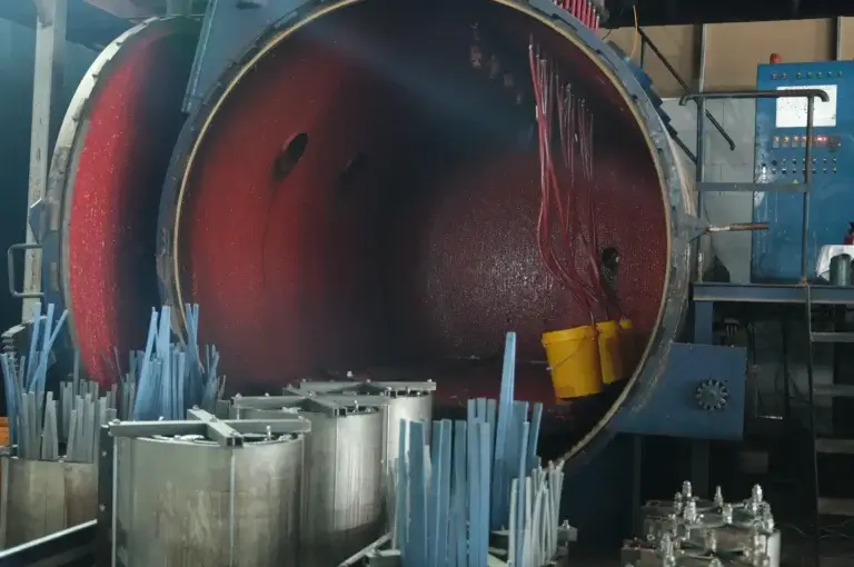 A close-up view inside a massive vacuum casting chamber showing resin delivery hoses and prepared coil molds for the dry type transformer manufacturing process at the Baitong Electric factory.