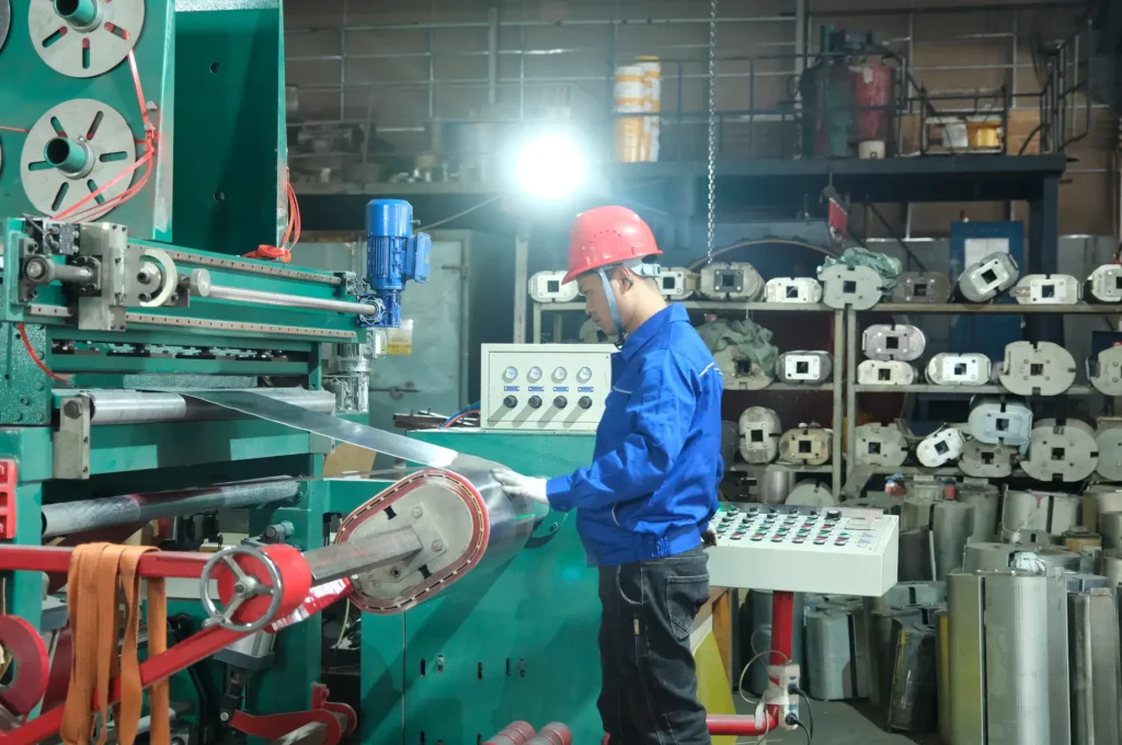 A Baitong Electric technician wearing a red hard hat operating a winding machine to manufacture premium oil immersed transformer parts.