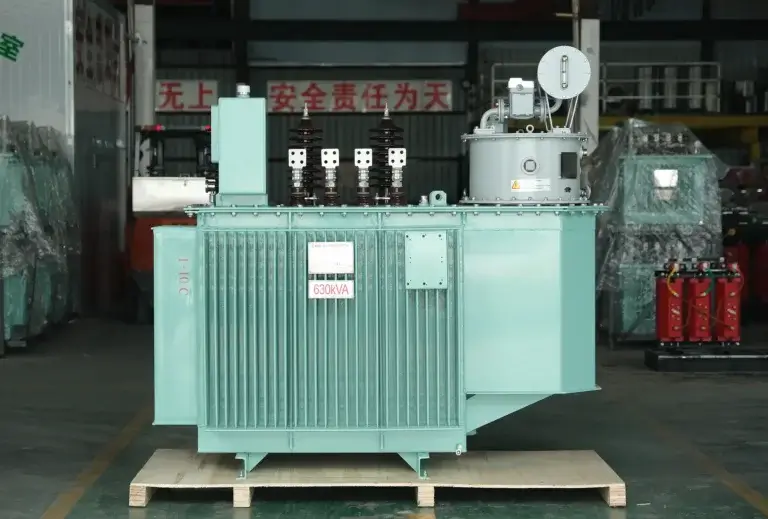 A newly manufactured S13-20kV 630kVA oil immersed transformer resting on a wooden shipping skid inside the Baitong Electric factory, featuring corrugated cooling fins and high-voltage bushings.