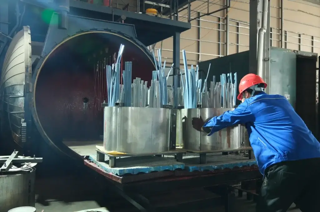 A Baitong Electric technician wearing a red hard hat pushing heavy coil molds into a massive oven for the vacuum casting process of dry type transformer.