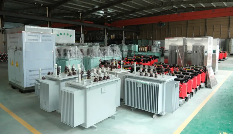 A wide panoramic view of the Baitong Electric factory floor showing massive production of transformer oil immersed units and cast resin dry type units.