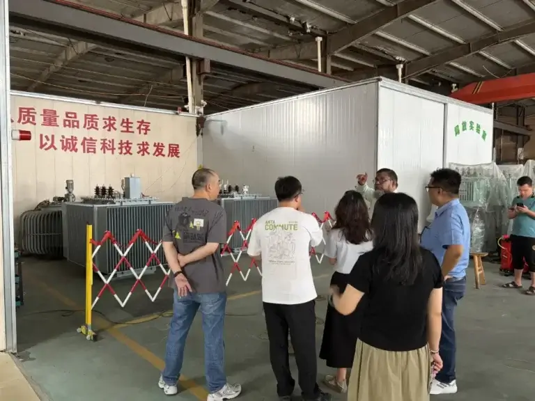 International clients and Baitong Electric engineers discussing equipment specifications during a transformer factory tour right outside the partial discharge testing lab.