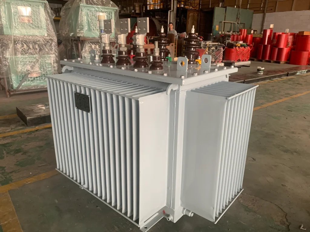 3 phase oil immersed power transformer with corrugated tank and top bushings in the BTCN Electric factory