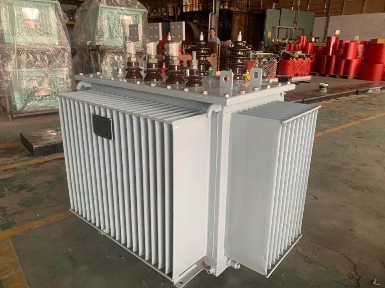 3 phase oil immersed power transformer with corrugated tank and top bushings in the BTCN Electric factory