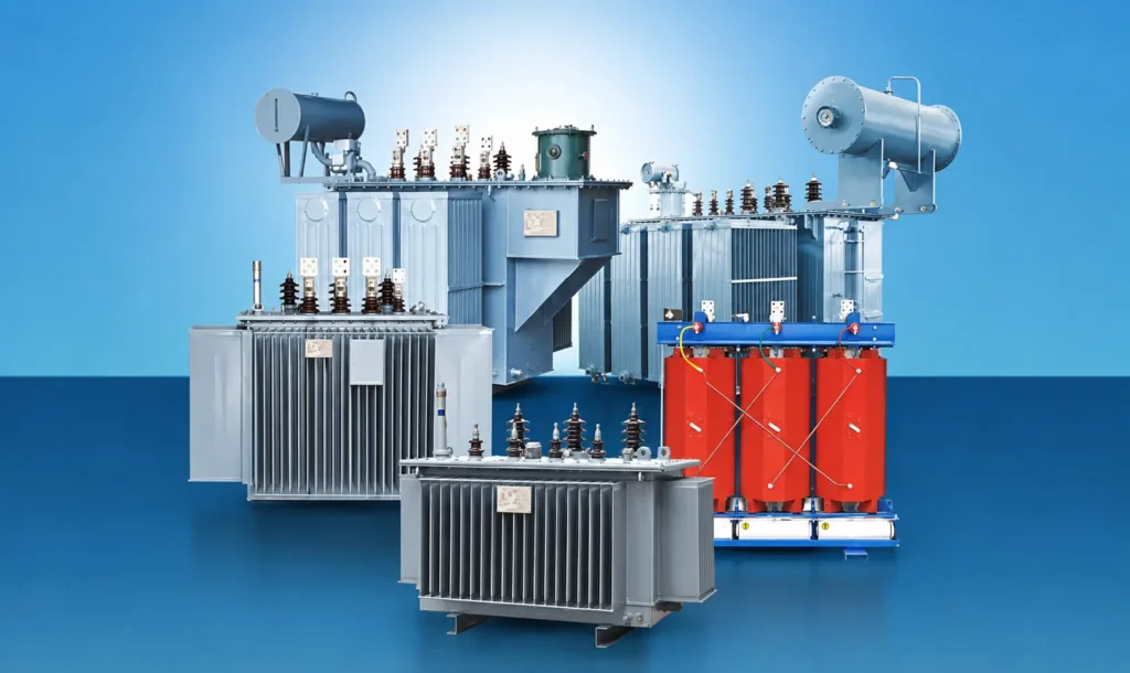 BAITONG Electrical Technology oil-immersed and cast-resin dry-type transformer product range on a blue background