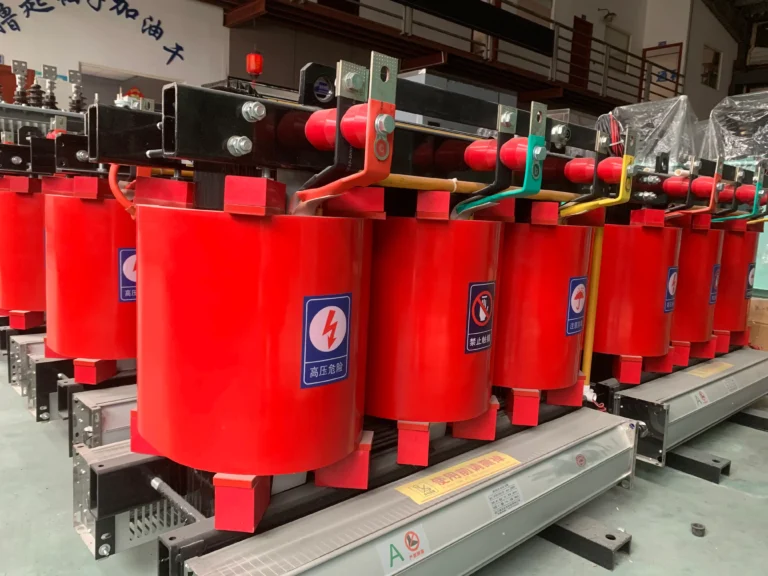 Quick ship medium voltage dry type transformers with red cast resin windings in the BTCN Electric factory