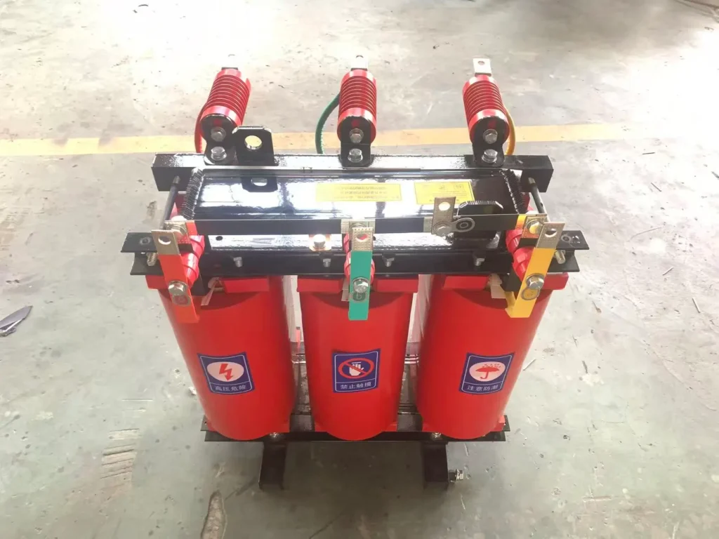 SCB-30/10-0.4KV cast-resin dry-type transformer with three red windings and colored phase connections